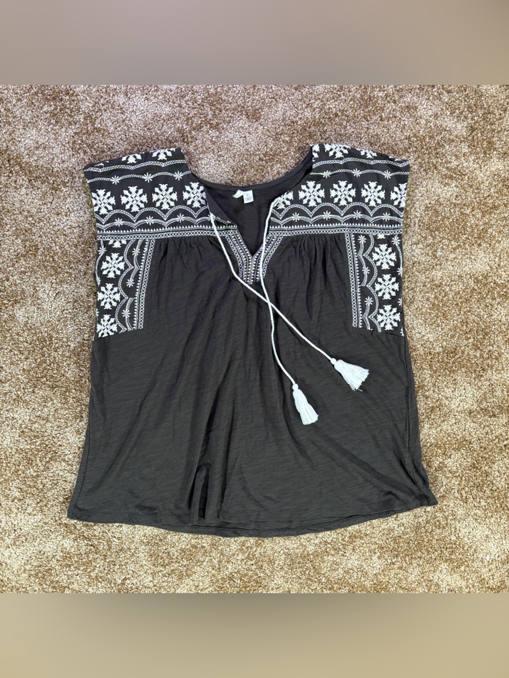 Cato Black Embroidered Boho Tassel Tunic Top Size Large